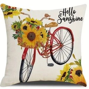 NEW SUNFLOWER FARMHOUSE VINTAGE BICYCLE DECORATIVE LINEN PILLOW COVER 17.7"